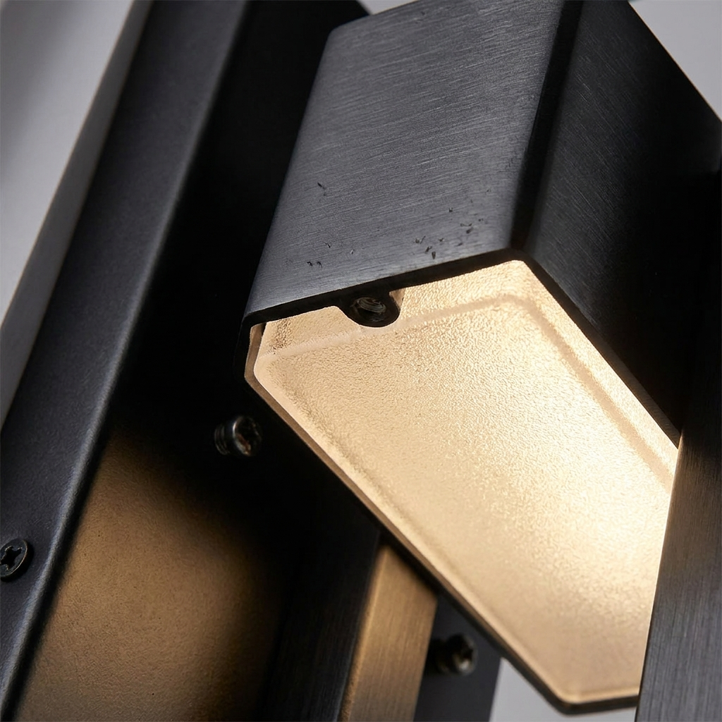 Close-up of the outdoor wall light's stainless steel and acrylic finish