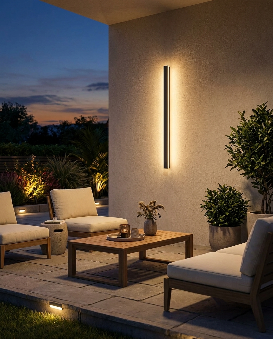 Linear Aluminium LED Outdoor Wall Light illuminating patio seating area