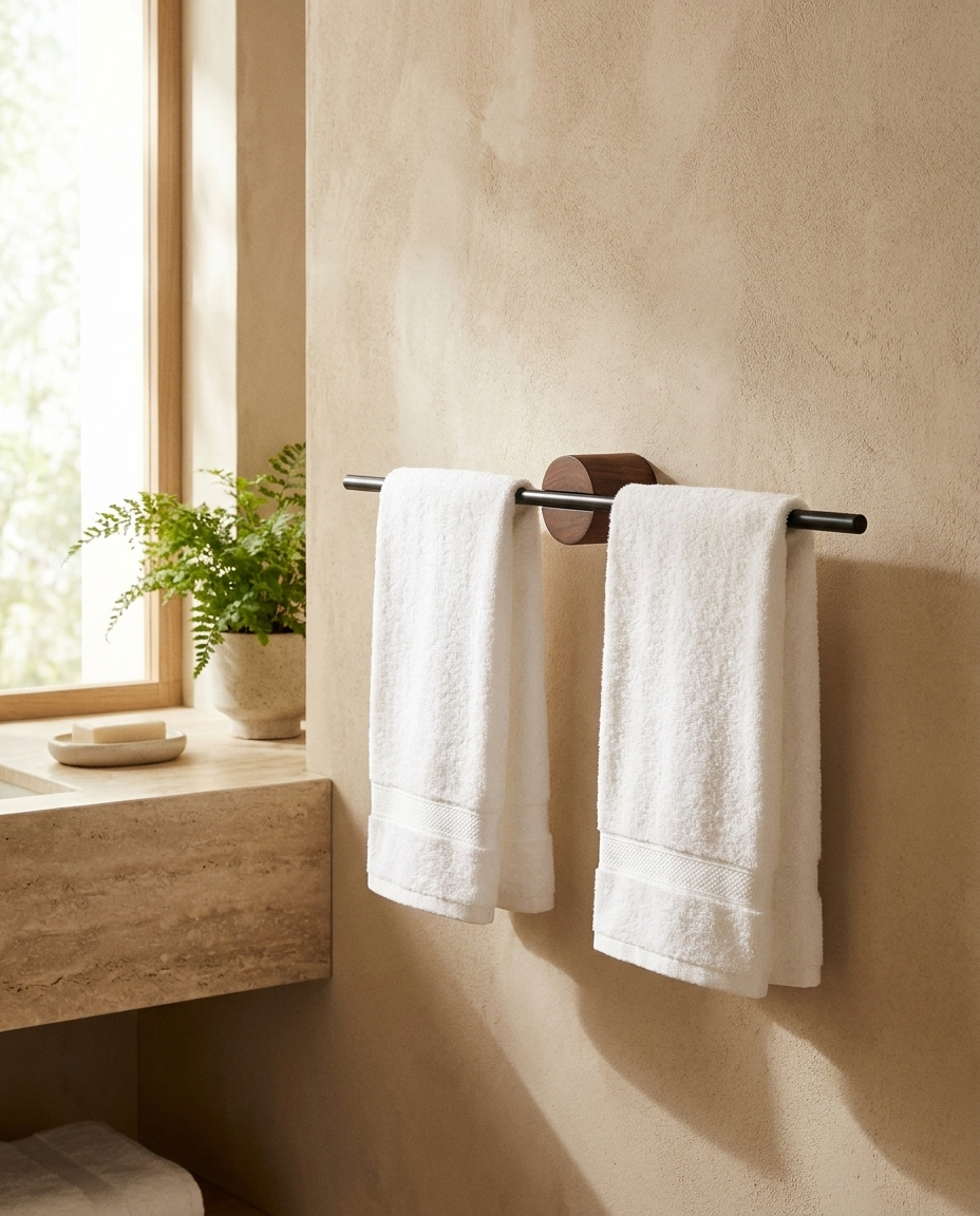 Minimalist Wall-Mounted Towel Bar in spa-like bathroom