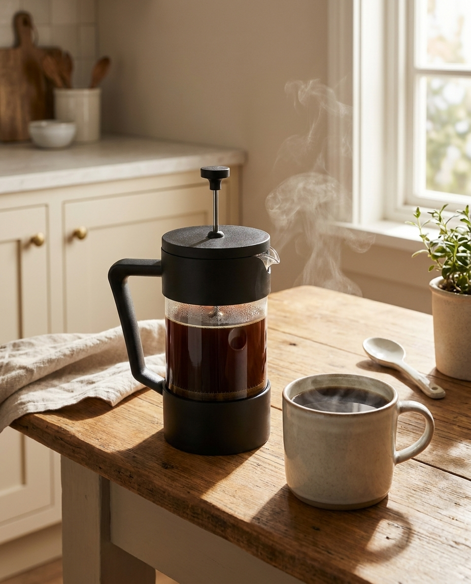 Borosilicate Glass French Press with steaming coffee cup