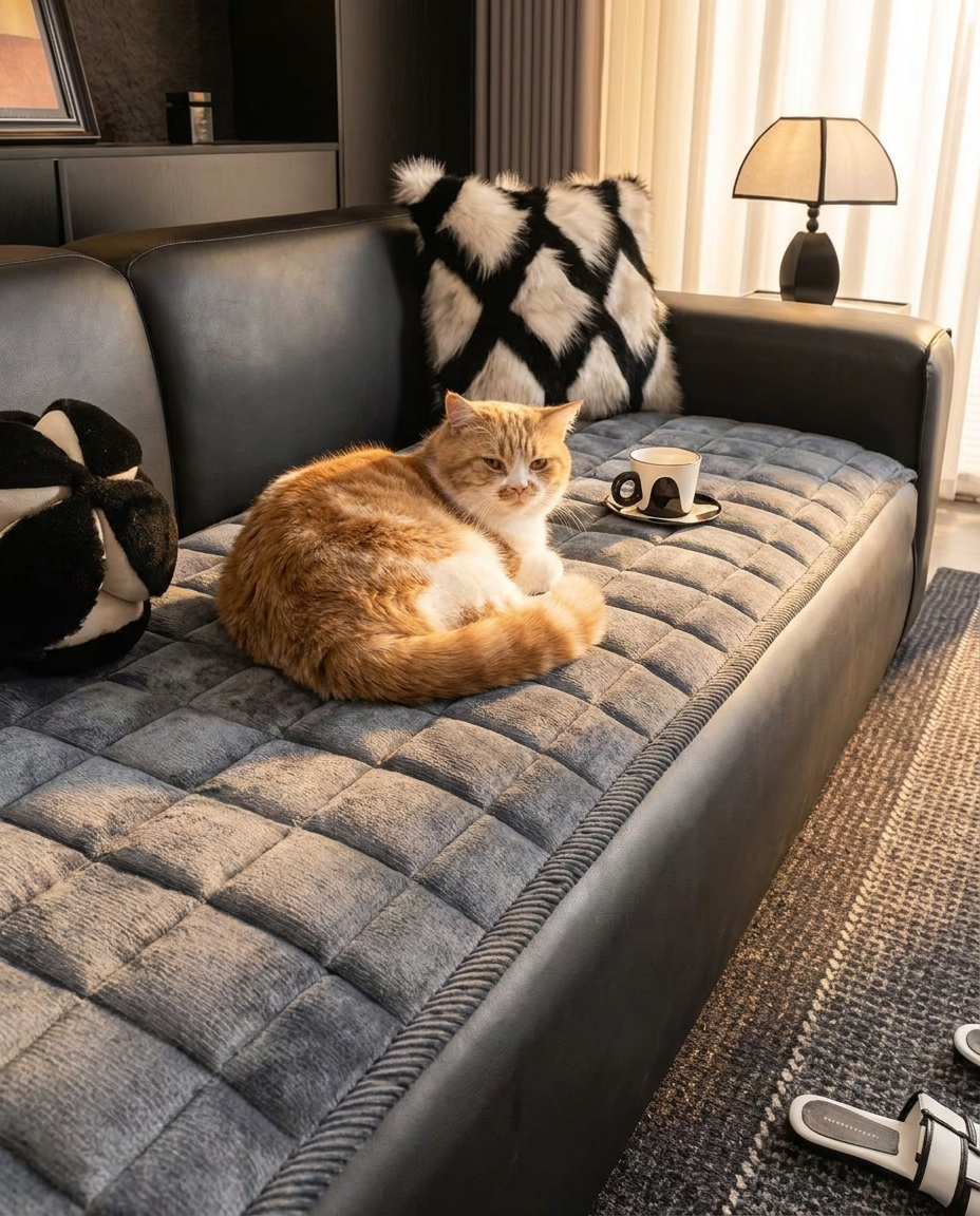 Quilted Sofa Cover with cat in pet-friendly living room