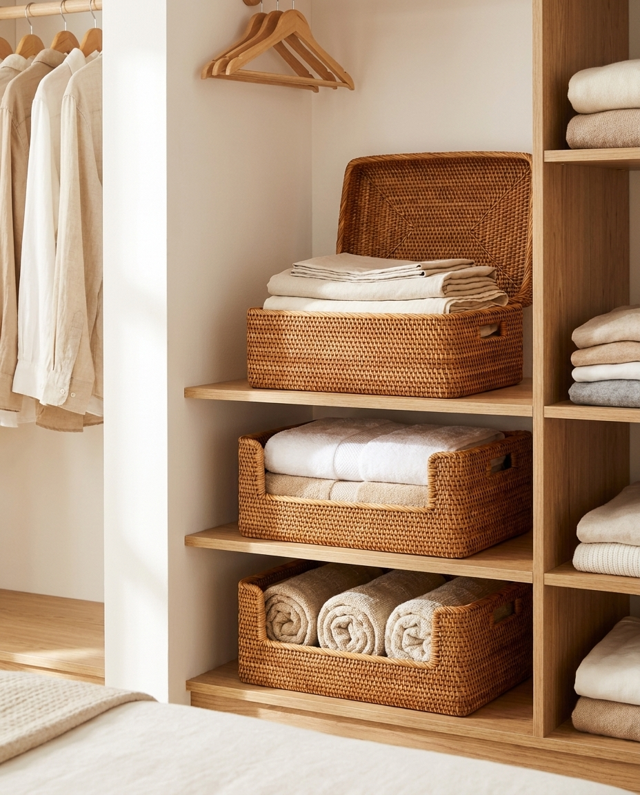 Rattan Storage Basket Set in bedroom closet