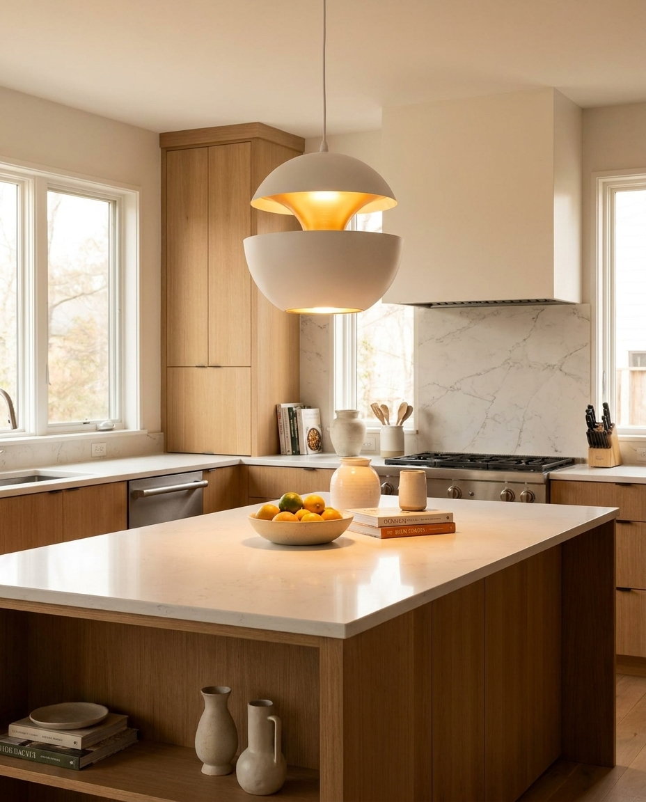 Round Metal Pendant Light above kitchen island