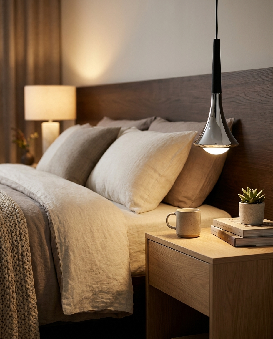 Nordic Water Drop LED Pendant Light above bedside table