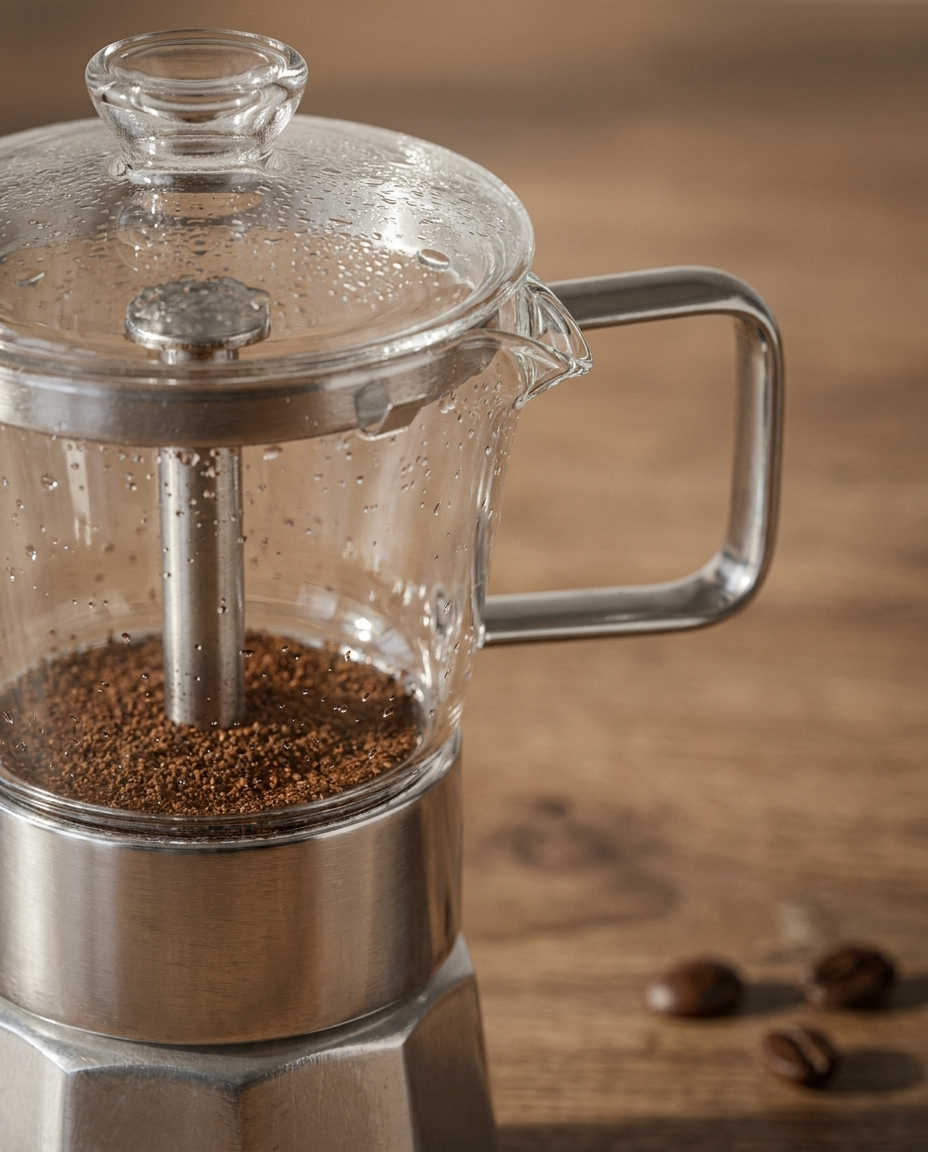 Moka Pot glass top and aluminium finish detail
