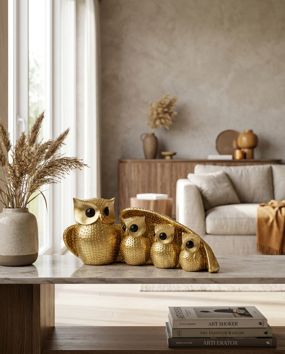 Elegant Owl Family Resin Figurine on shelf