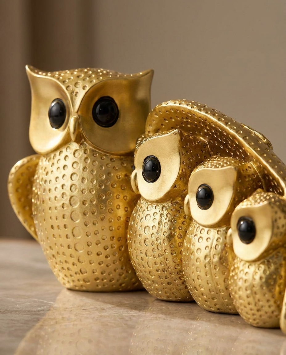 Owl Family Resin Figurine gold finish detail