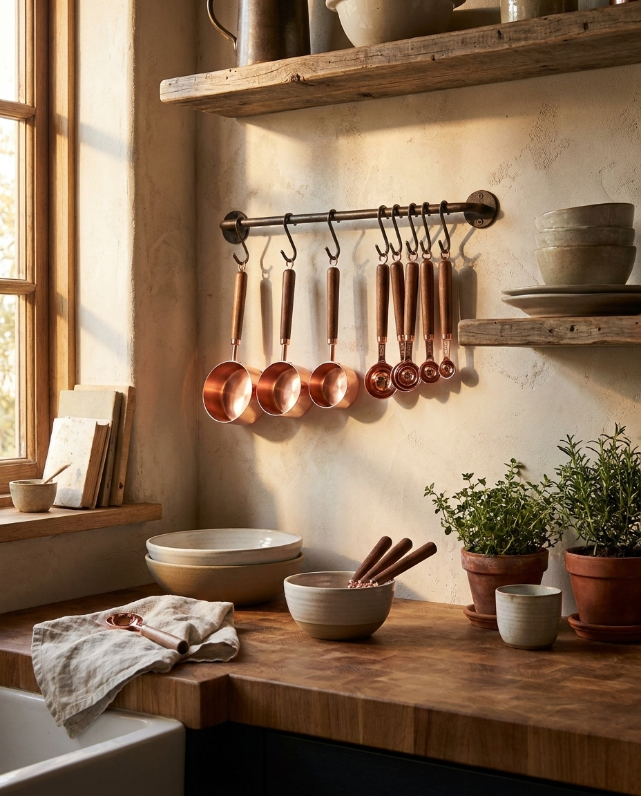 Copper Measuring Cups Set hanging on wall rack