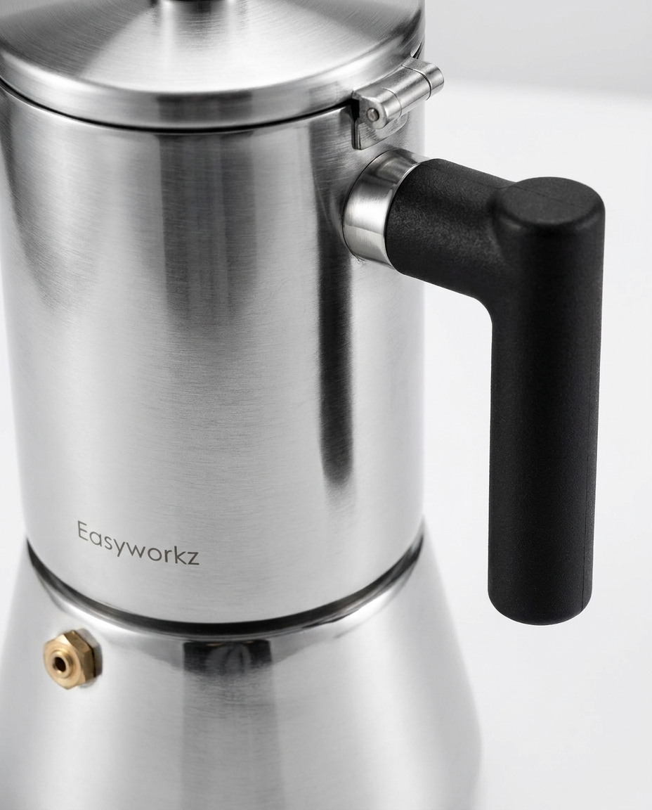 Moka Pot heat-resistant handle and stainless steel finish detail