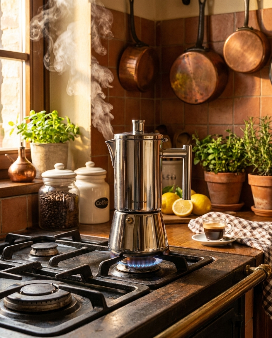 Classic Italian Moka Pot on stovetop with steam