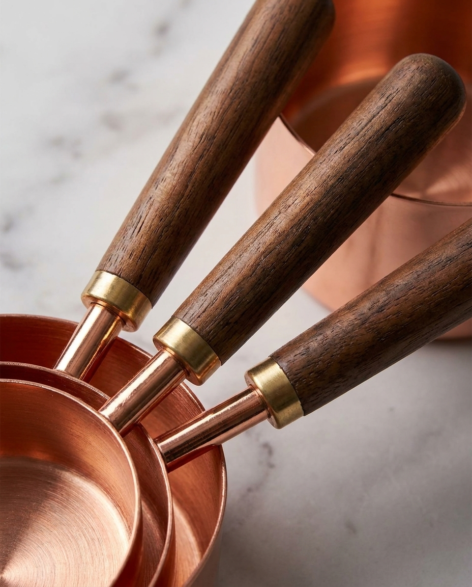 Copper Measuring Cups walnut handle and copper finish detail