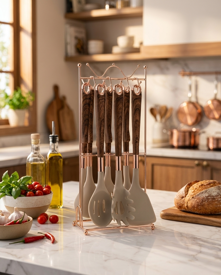 Silicone Kitchen Utensil Set with stand on counter