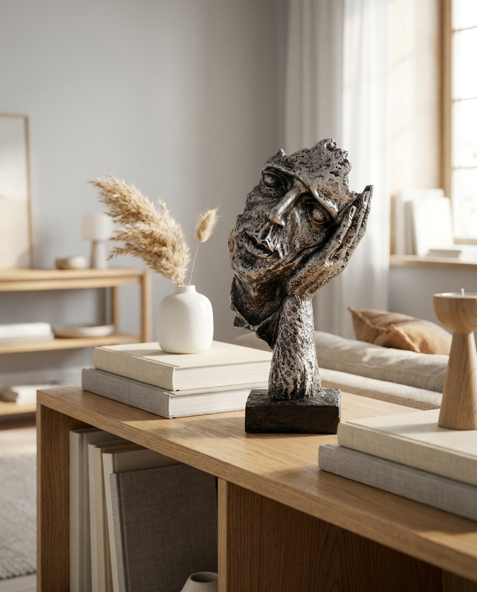 Nordic Faces Resin Sculpture on bookshelf