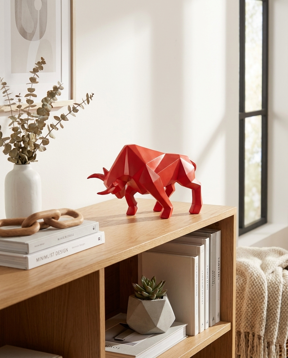 Nordic Bull Resin Sculpture on bookshelf