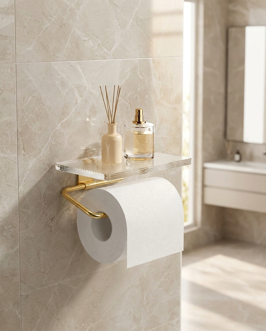 Acrylic Toilet Paper Holder with metal frame in modern bathroom