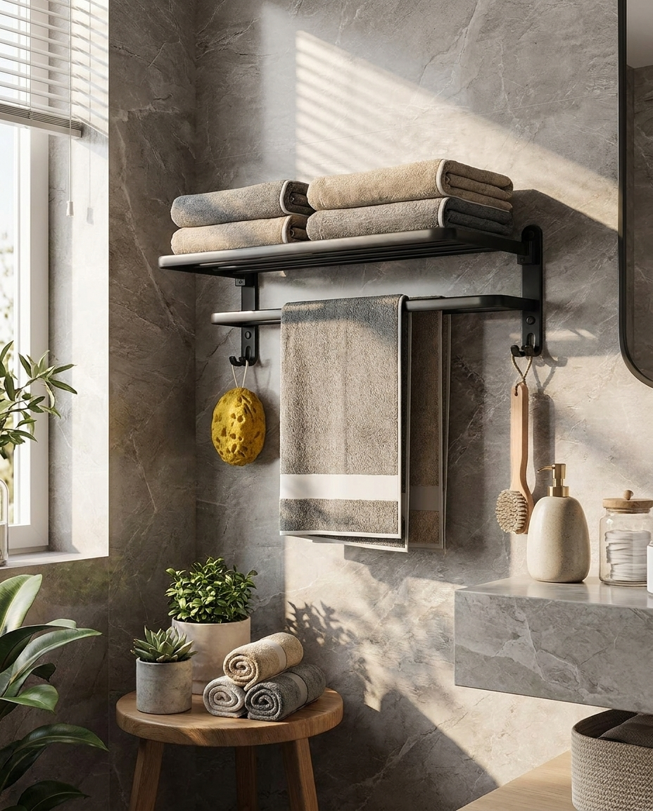 Matte Black Folding Towel Rack with towels hanging