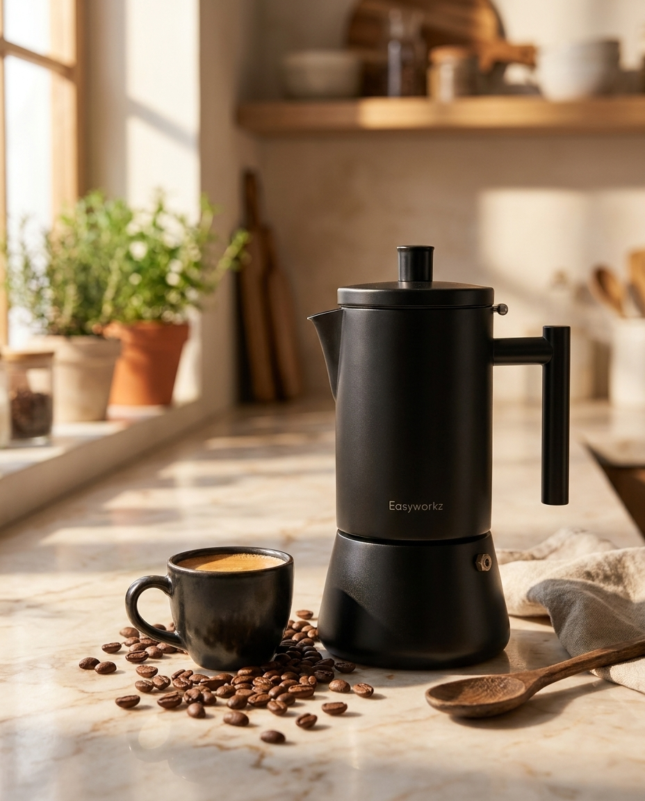 Stainless Steel Espresso Maker styled on counter with espresso cup