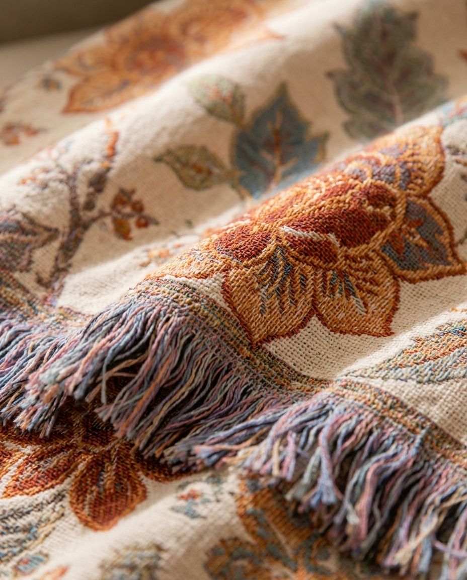 Floral Cotton Throw Blanket fringe and fabric texture detail