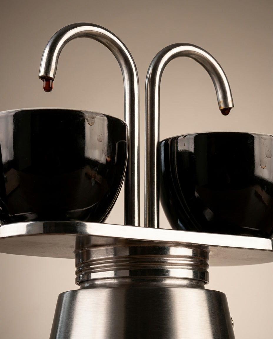Mini Moka Pot dual spout and stainless steel finish detail