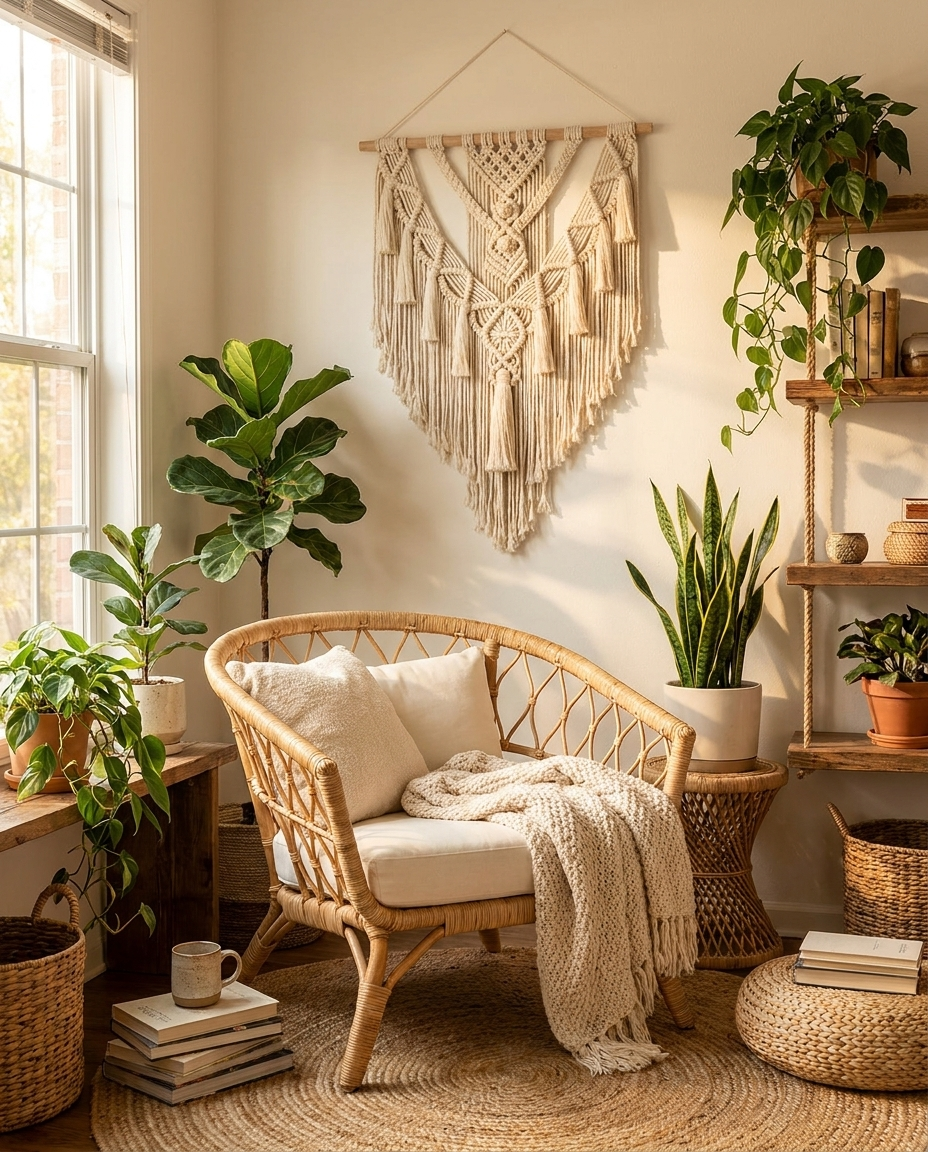 Macramé wall hanging above a reading nook with plants and woven furniture