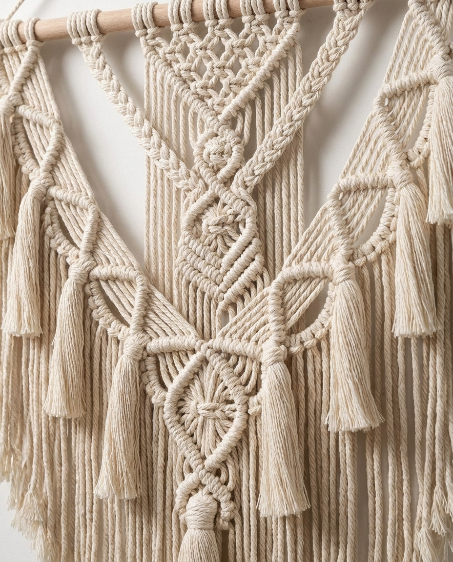 Close-up of macramé wall hanging knot pattern and fringe texture