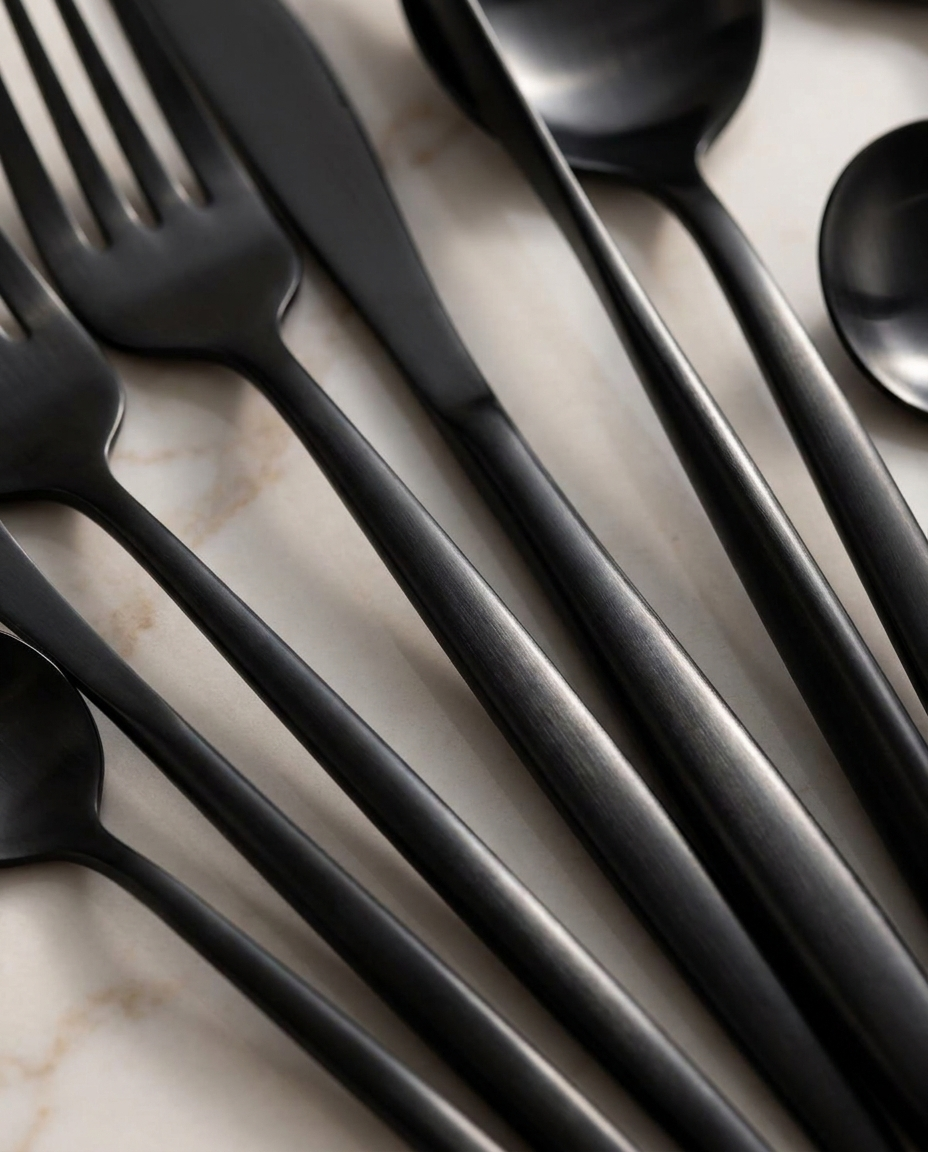 Close-up of matte black finish and modern design texture on cutlery handles