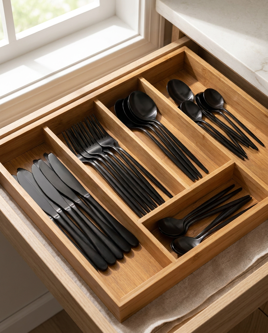 24-piece black stainless steel cutlery set on a clean light neutral studio background