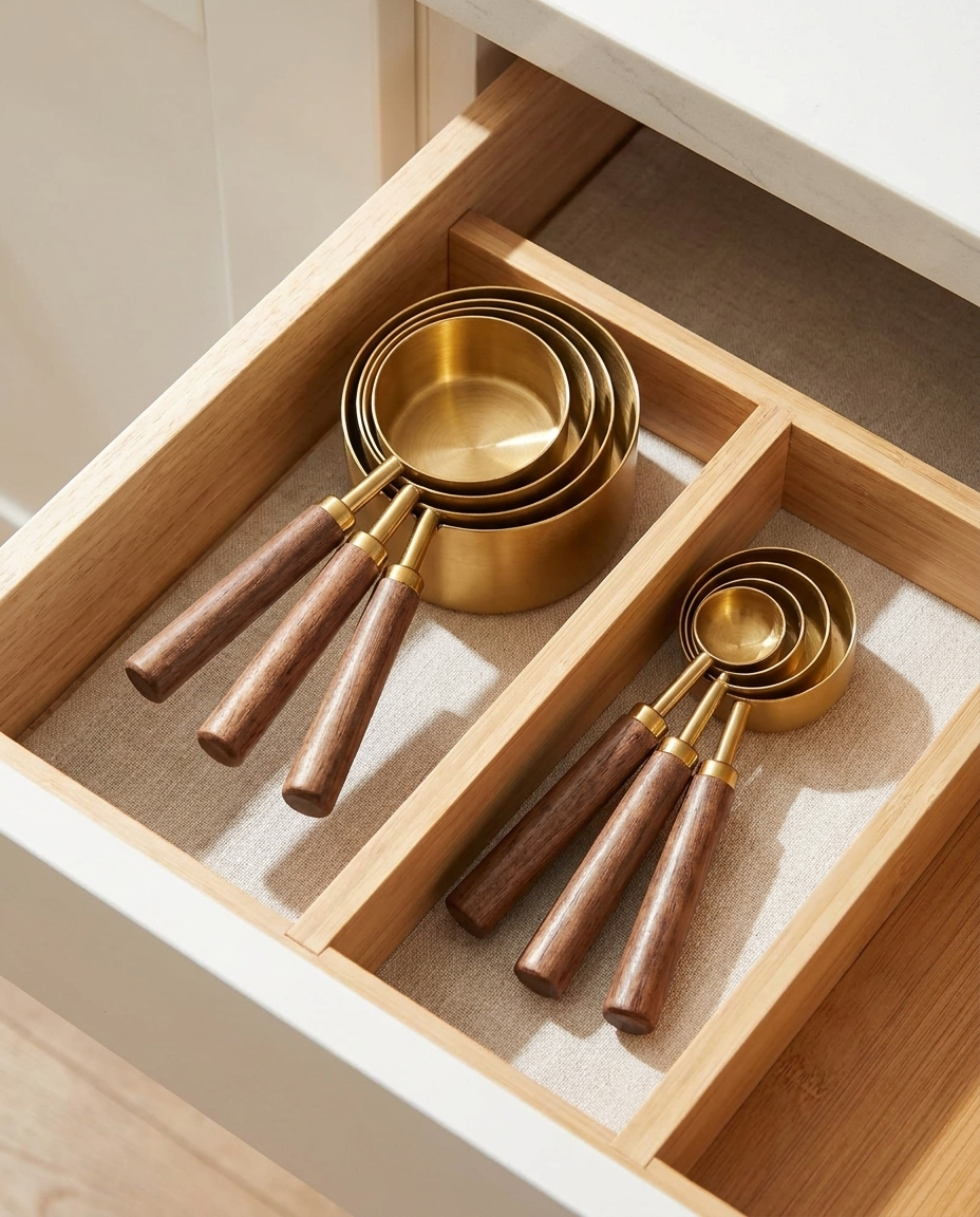 Gold-finish measuring cups and spoons nested together in a kitchen drawer