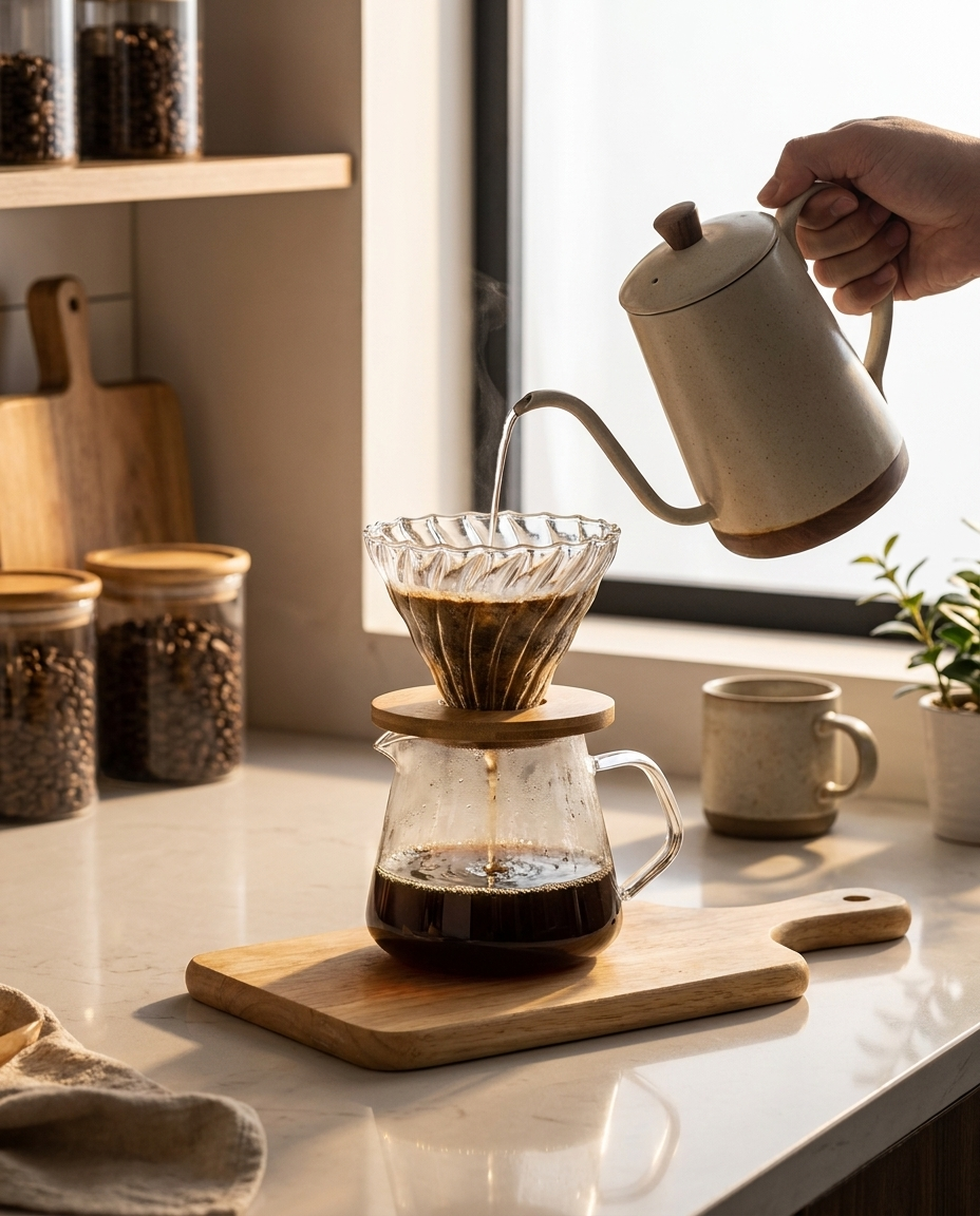 Elegant pour over coffee set with wood holder and glass dripper on a modern kitchen counter