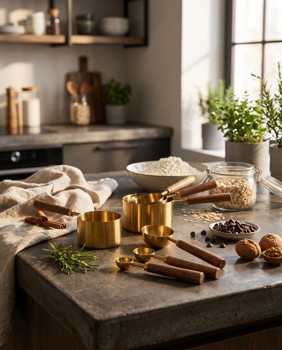 Gold-finish stainless steel measuring cups and spoons set on a kitchen counter with baking ingredients