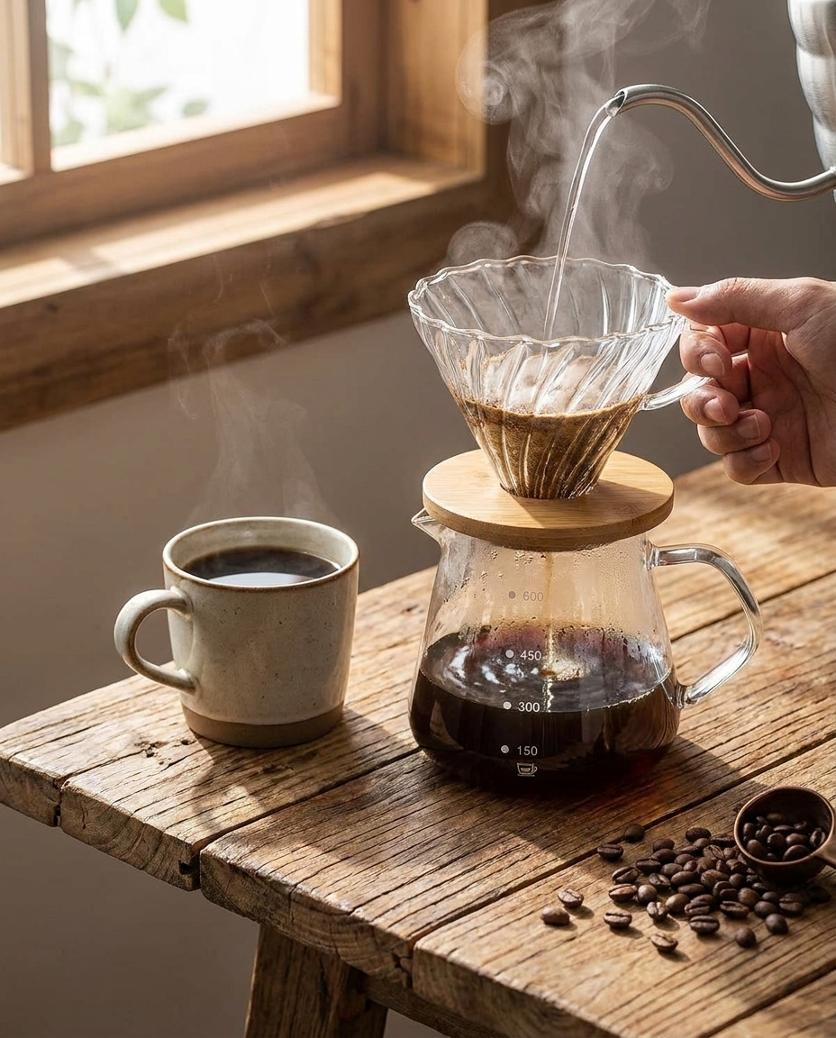 Coffee brewing with pour over set into a glass carafe on a rustic wood table