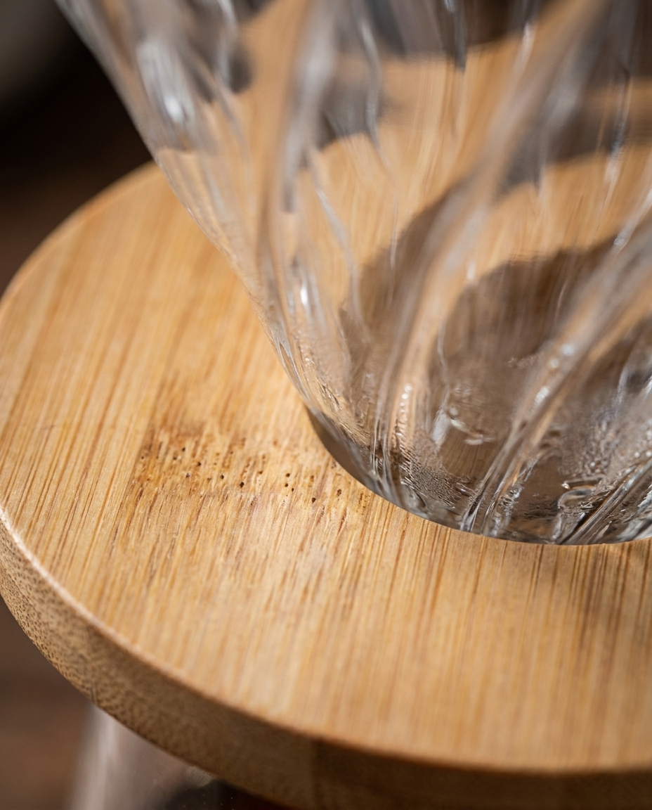 Close-up of wood holder grain and glass dripper texture
