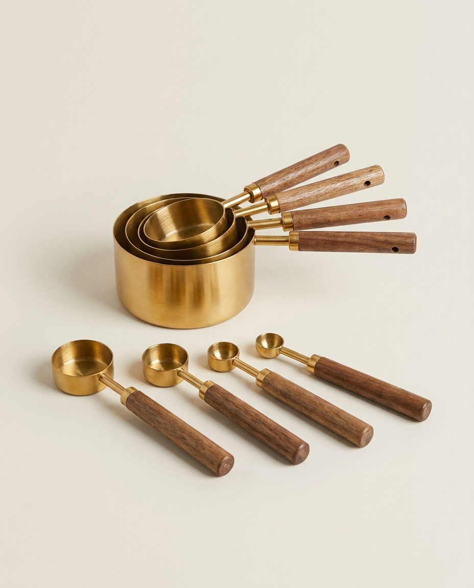 Gold-finish measuring cups and spoons set on a clean light neutral studio background