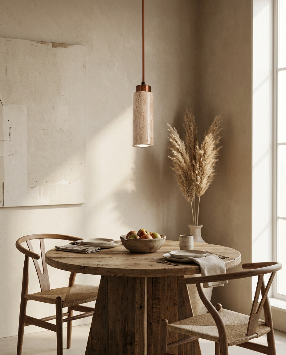 Natural stone pendant light above a minimalist dining nook with earthy decor