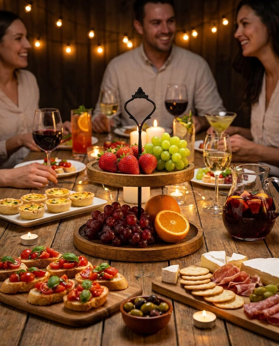 Two-tier wood snack plate displayed at a gathering with appetizers