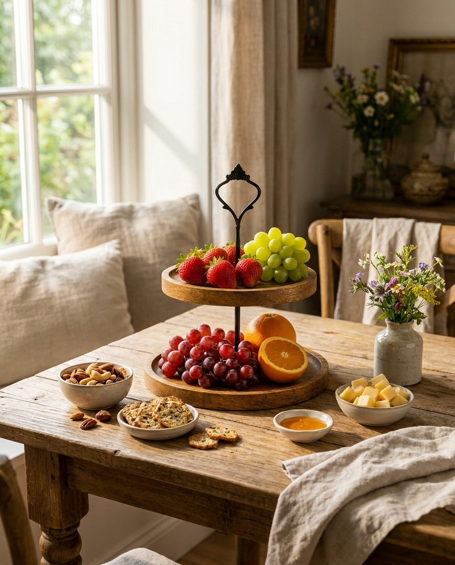 Elegant two-tier wood snack plate with fresh fruit on a dining table