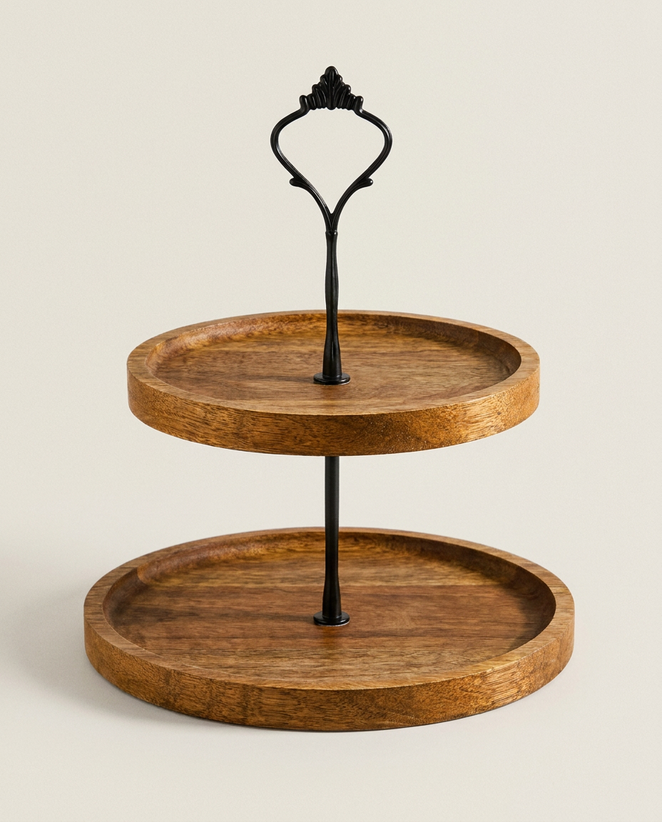 Two-tier wood snack plate on a clean light neutral studio background