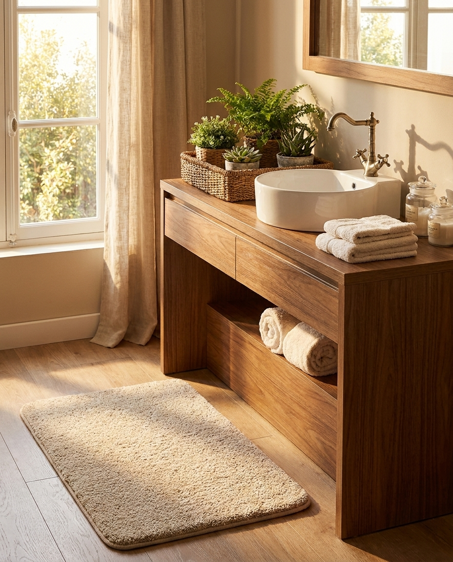 Plush bath mat next to a bathroom sink with towels and plants