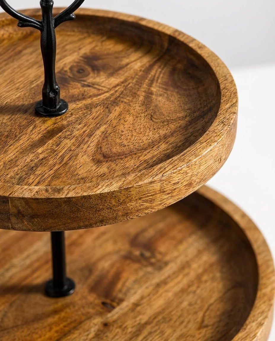 Close-up of solid wood grain texture and construction of a two-tier snack plate