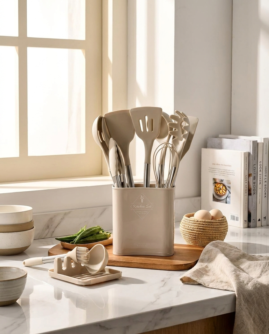 Nordic 13-piece silicone kitchen utensil set displayed in a holder on a kitchen counter