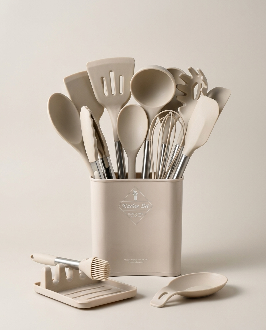 Nordic silicone kitchen utensil set on a clean light neutral studio background