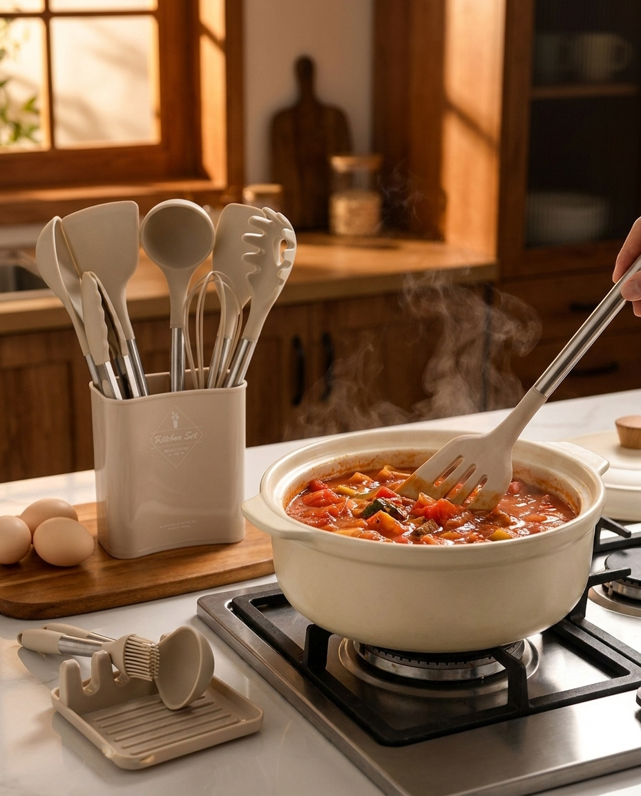 Silicone spatula from Nordic utensil set stirring a pot on a stovetop