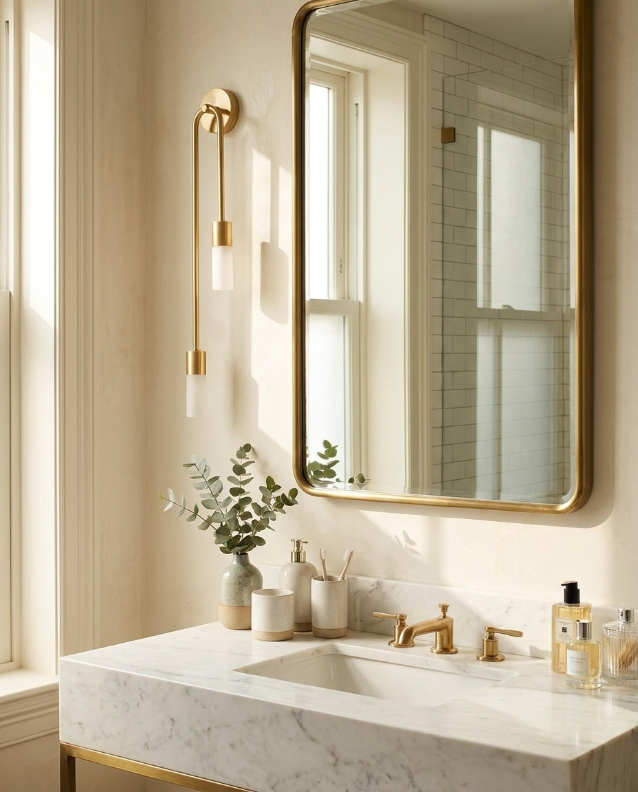 Gold-finish wall sconce mounted beside a bathroom mirror