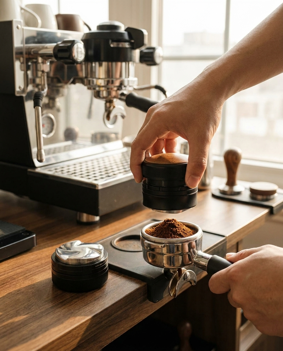 Espresso distributor tool prepping a portafilter with fresh coffee grounds