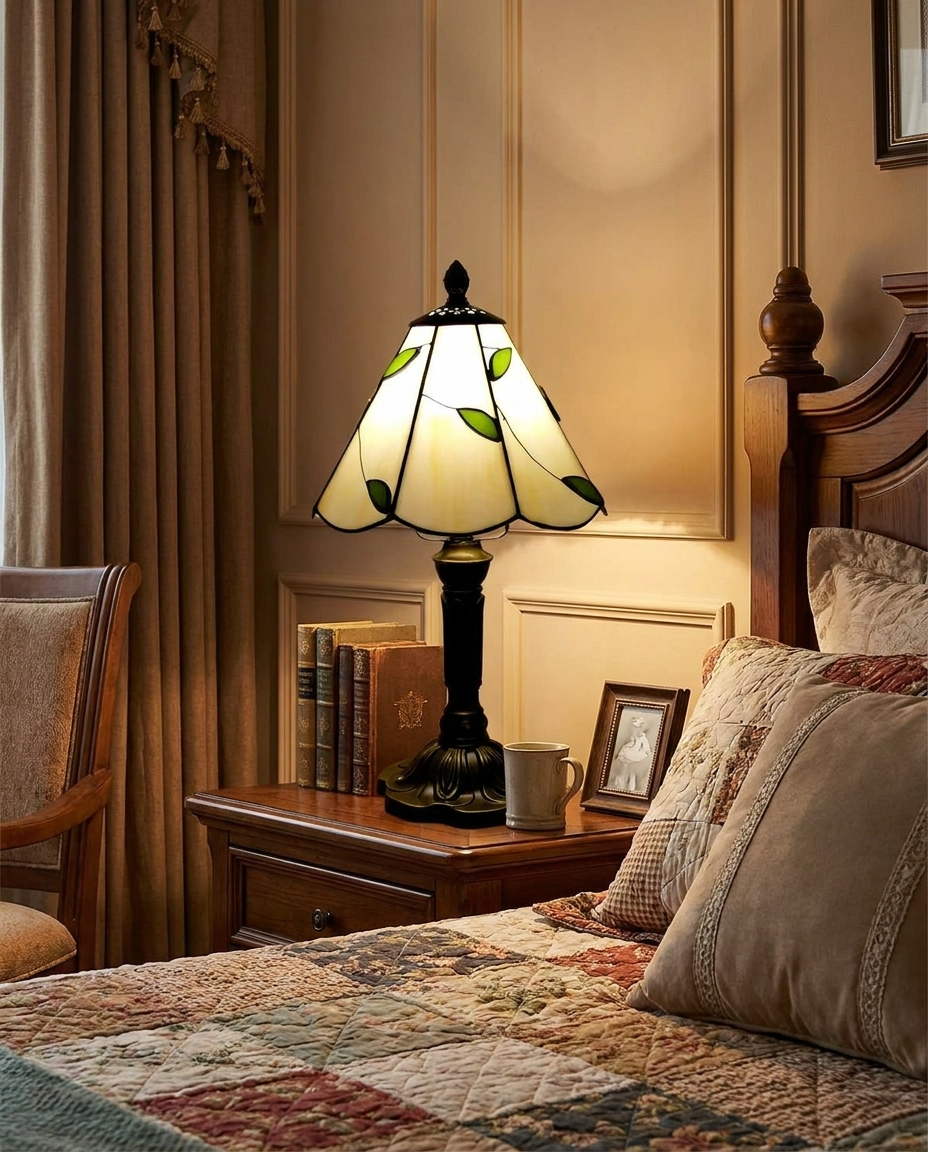 Elegant retro Tiffany glass table lamp glowing on a bedside table