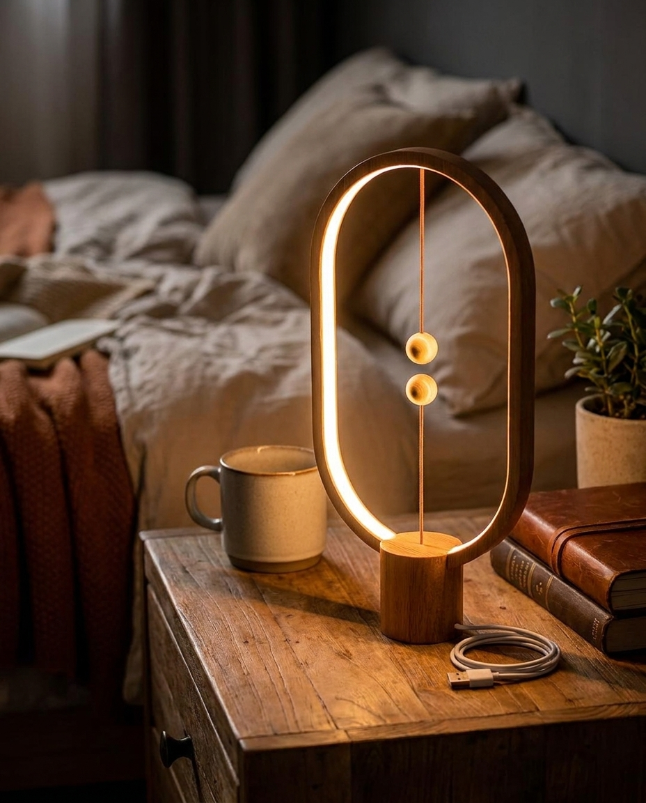 Elegant LED balance glow lamp creating a cozy glow on a bedside table