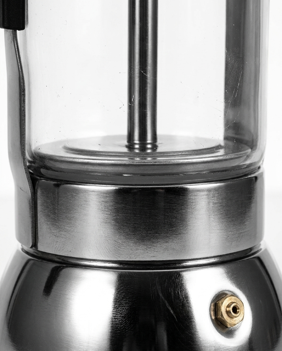 Close-up of transparent borosilicate glass and stainless steel base texture