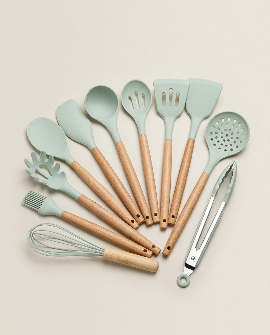 11-piece silicone cooking utensil set on a clean light neutral studio background