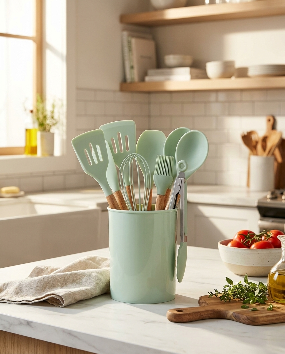 11-piece silicone cooking utensil set with wooden handles in a utensil crock