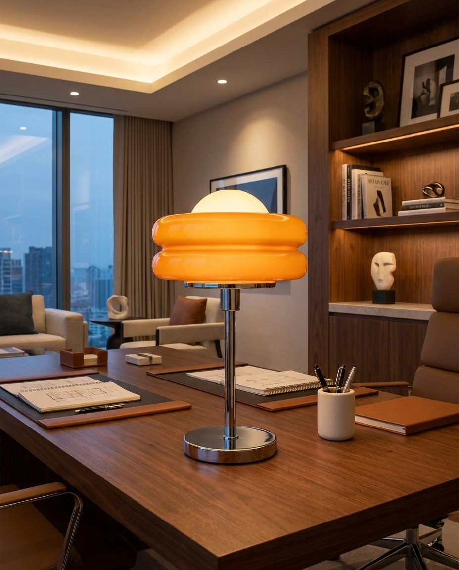 Bauhaus table lamp with metal and glass finish glowing on a desk